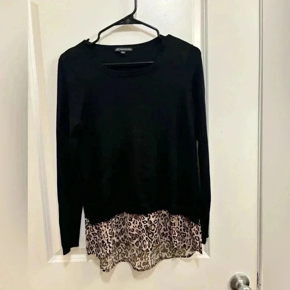 Layered Black Sweater Top with Leopard Hem